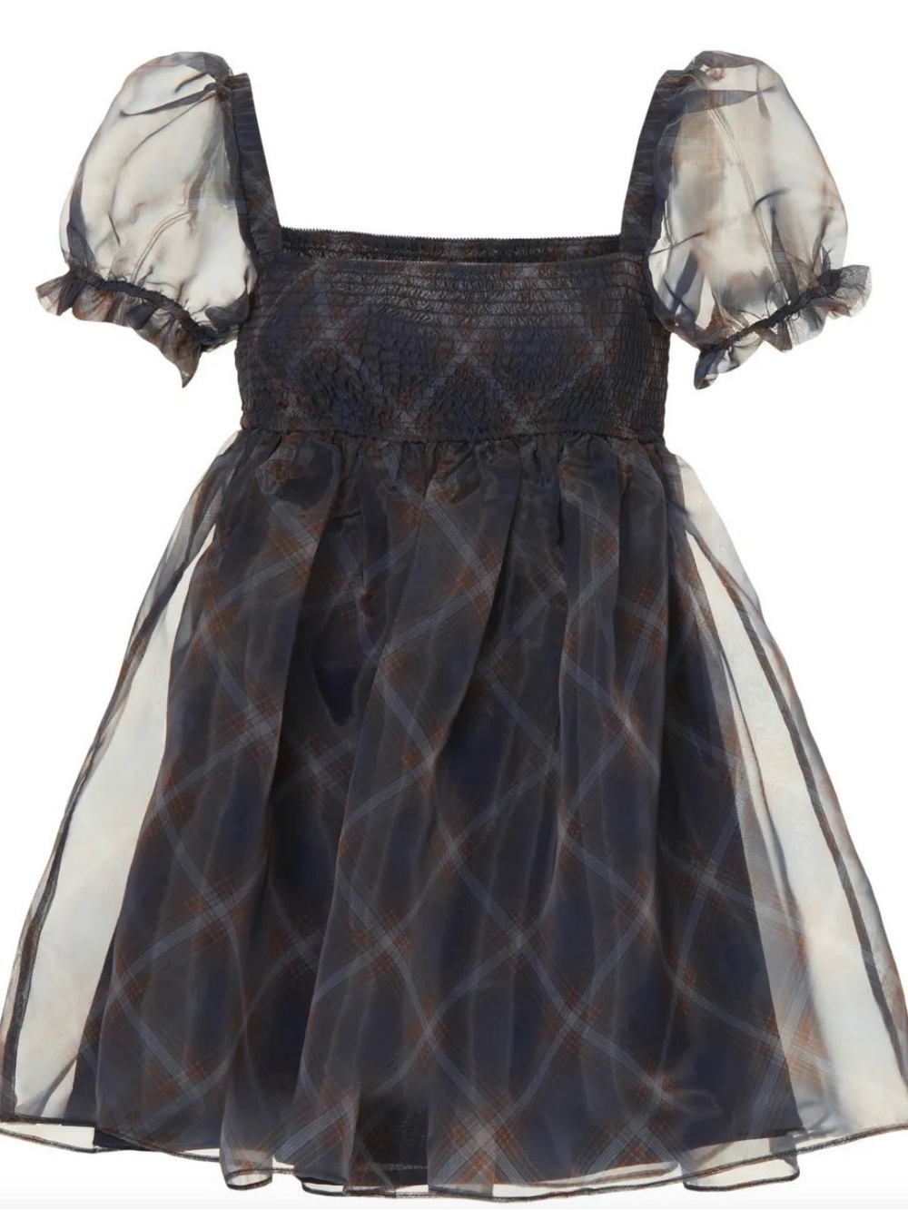 WEWOREWHAT Blue Plaid Organza Puff Sleeve Smocked Mini Dress Size Small